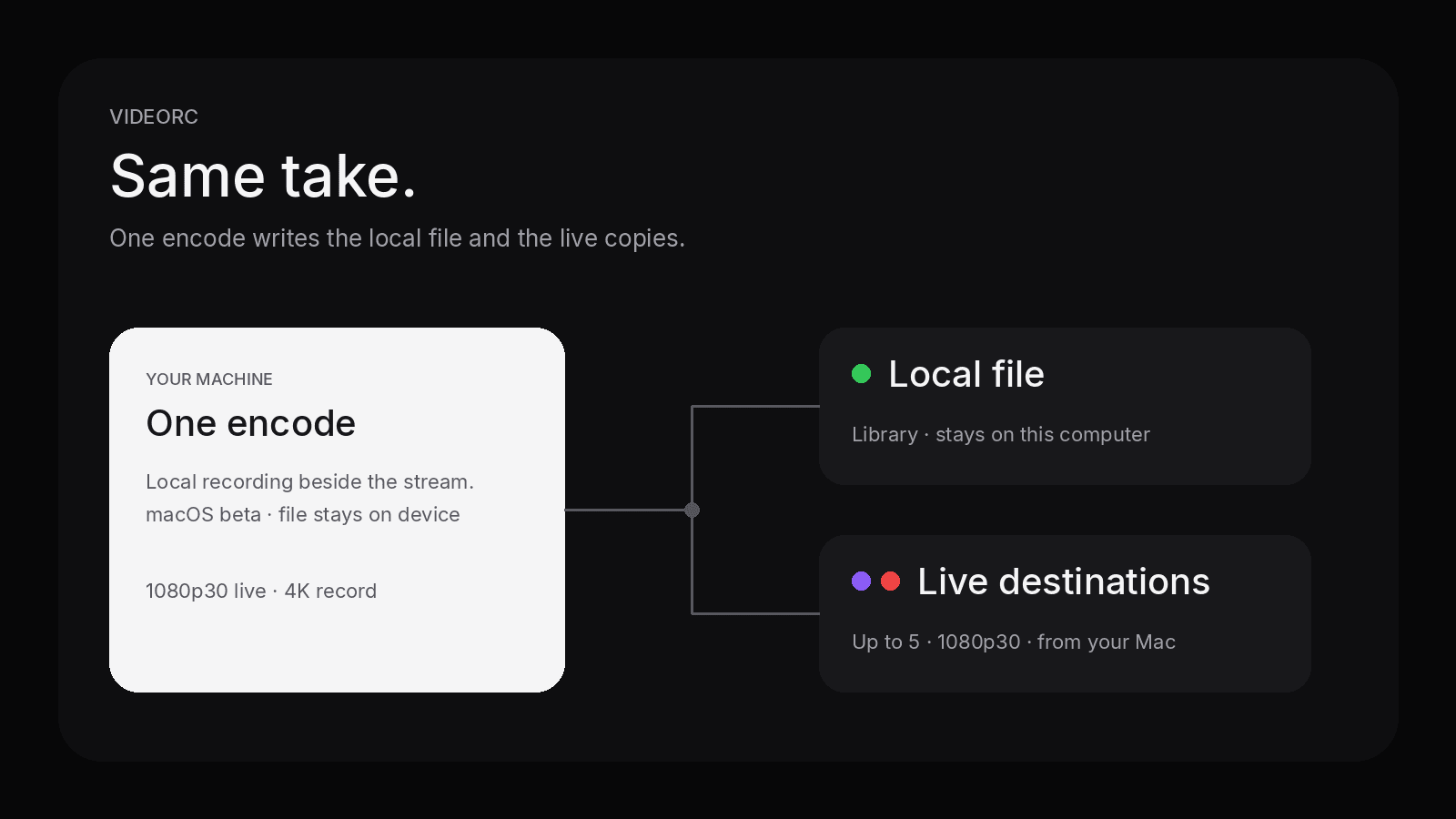 One desktop encode splitting to a local library file and live destinations.