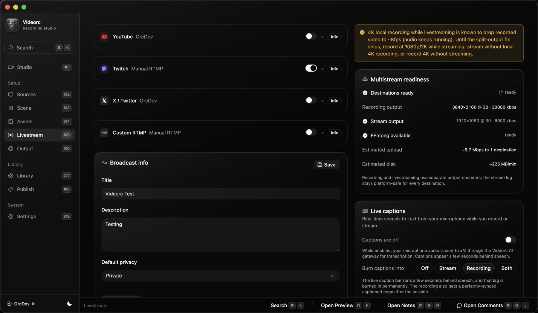 Videorc Livestream in the macOS Beta with destination cards and per-destination health.