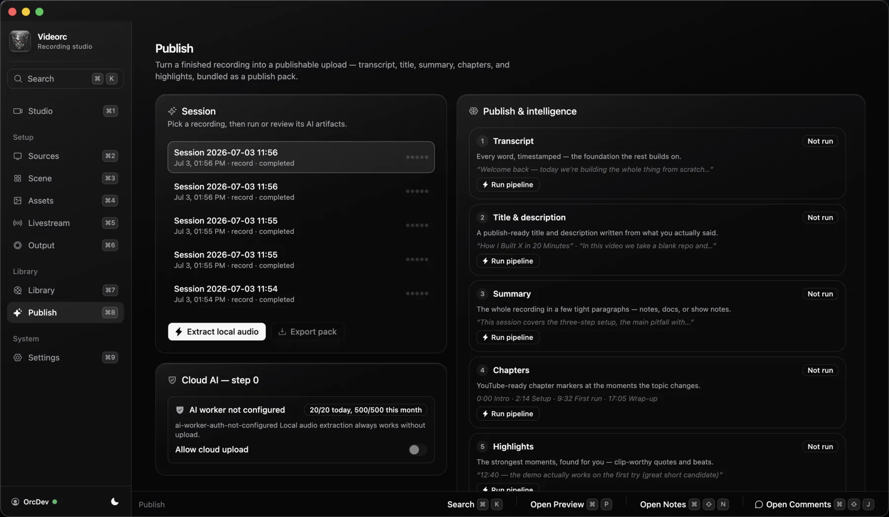 Videorc Publish screen showing saved recordings and AI publishing workflows.