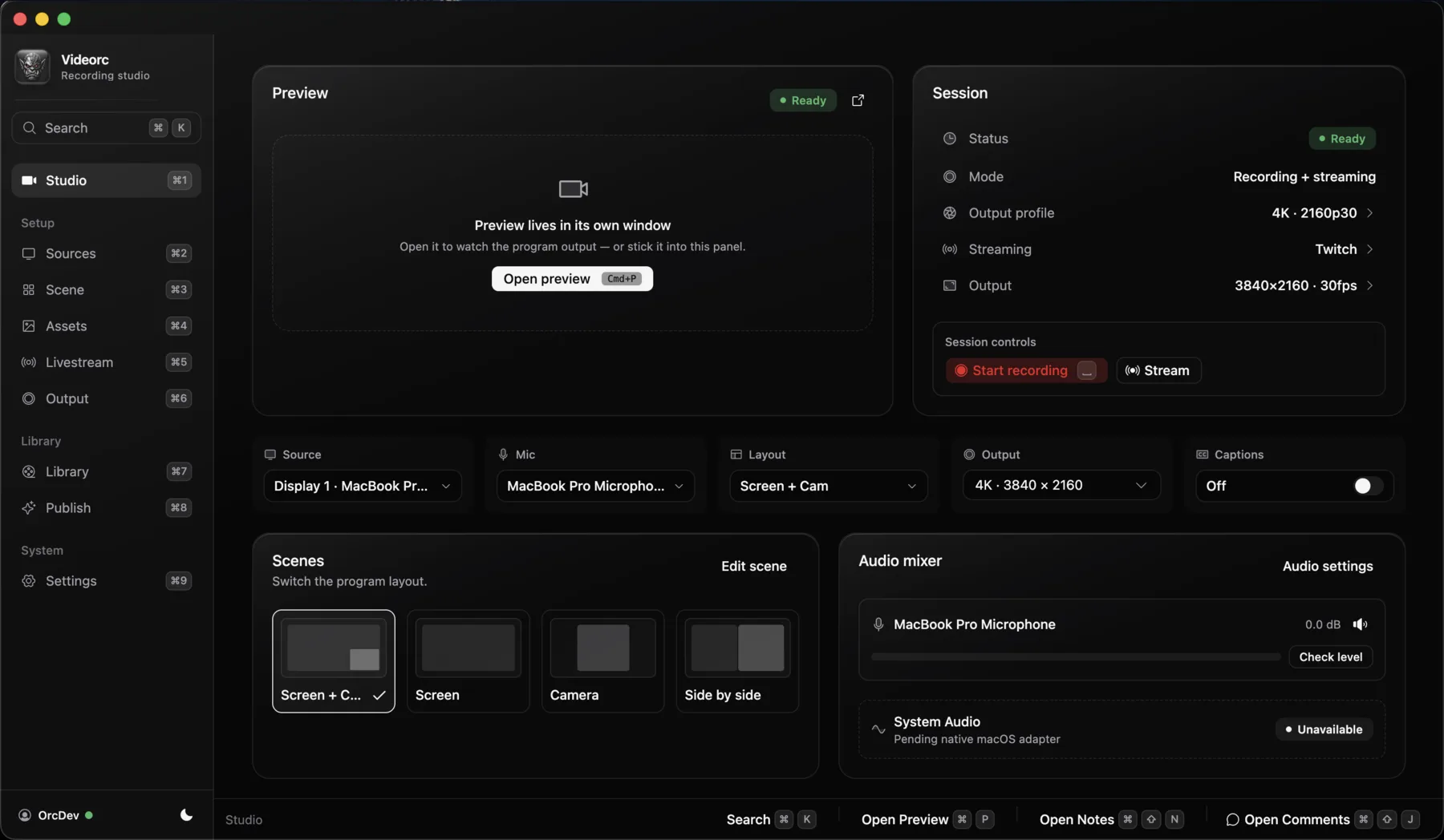 Videorc Studio screen showing preview, session controls, scene options, and recording controls.